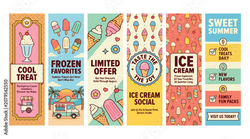 Retro ice cream banner set with vintage summer treats, colorful frozen dessert vertical posters, sweet sundae and popsicle shop marketing graphics