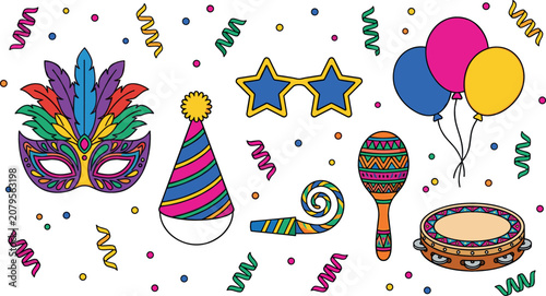 Foto Colorful carnival and party vector icon set featuring masquerade feather mask confetti balloons star glasses hat maraca noise maker and tambourine instruments