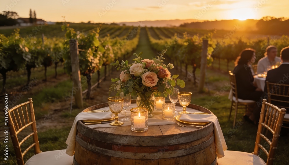 Fototapeta premium Reception wine barrel table with flower display overlooking vineyard at golden sunset