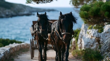 A soft focus photograph captures an eco friendly horse drawn carriage traveling along a scenic coastal path evoking feelings of adventure and freedom