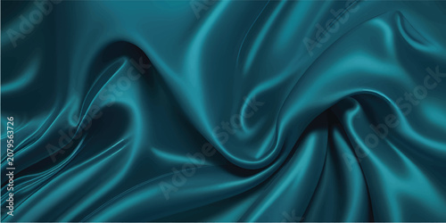 Dark teal green silk satin. Shiny smooth fabric. Soft folds. Luxury background with space for design. web banner. Flat lay, top view table. Birthday, Christmas, Valentine, New year.