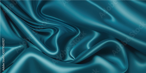Elegant flowing teal silk fabric, shimmering with light and shadow, creating smooth, graceful folds and a luxurious texture close up.