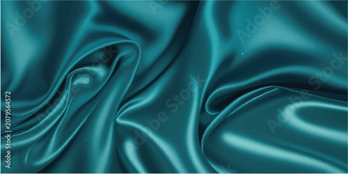 Dark teal green silk satin. Shiny smooth fabric. Soft folds. Luxury background with space for design. web banner. Flat lay, top view table. Birthday, Christmas, Valentine, New year