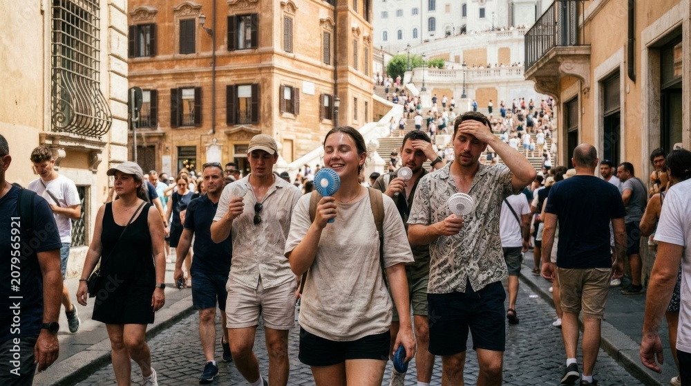 Obraz premium Group of young travelers walking through the historic streets of Rome.