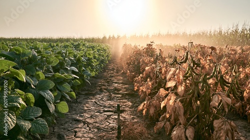 A split agricultural field shows lush green soybean rows on one side and heat-stressed bean plants with shriveled pods on the other, with dry soil, a moisture probe, and intense sunlit haze