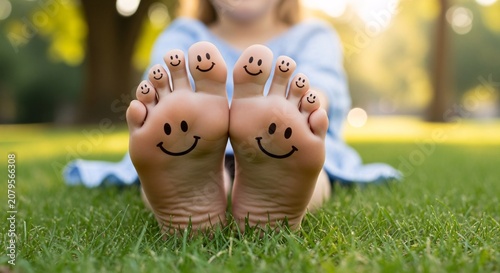 Smiling feet with drawn faces outdoors.