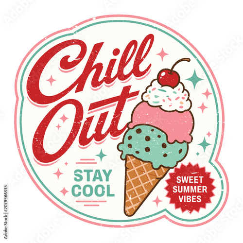 vintage diner style ice cream badge and summer sticker. emblem features custom integrated retro typography and hand-drawn graphics.