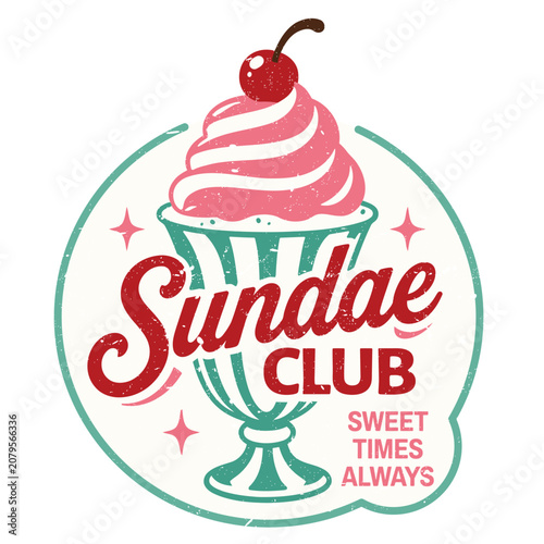 vintage diner style ice cream badge and summer sticker. emblem features custom integrated retro typography and hand-drawn graphics.