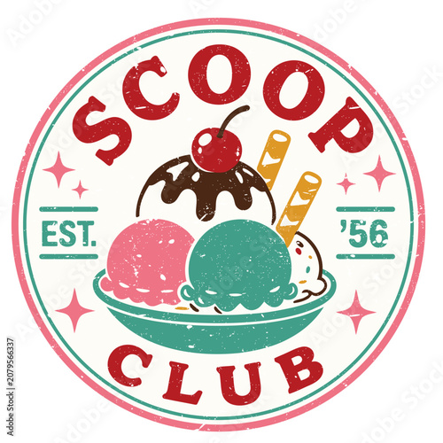 vintage diner style ice cream badge and summer sticker. emblem features custom integrated retro typography and hand-drawn graphics.