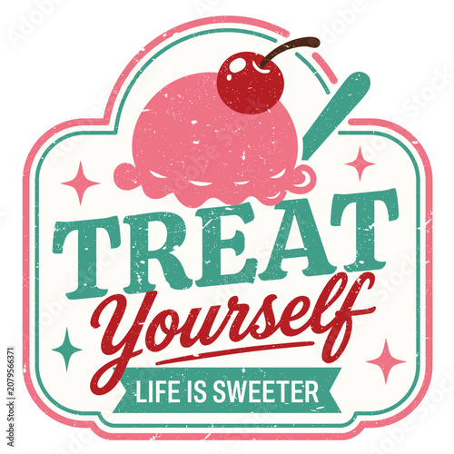vintage diner style ice cream badge and summer sticker. emblem features custom integrated retro typography and hand-drawn graphics.