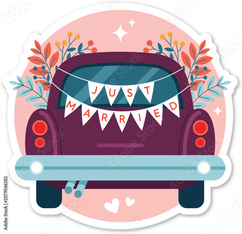 Vintage car decorated with just married banner and floral accents.eps
