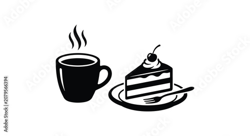 Cuadro en lienzo Coffee Cup And Cake Slice Silhouette dessert