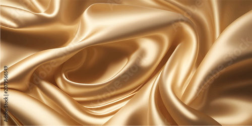 Luxury golden silk fabric with smooth liquid ripples and flowing satin swirls creates an abstract wave pattern of shiny soft cream texture in this elegant illustration design