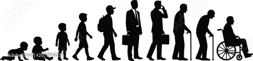 Human life cycle evolution silhouettes, male aging process from baby to old age, growing man timeline, wheelchair disability icon