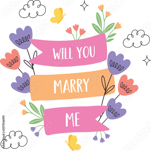 Will you marry me proposal banner with flowers and butterflies_1.eps
