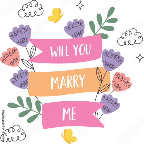 Will you marry me proposal banner with flowers and butterflies.eps
