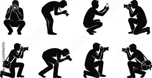 silhouette of photographer taking photo, professional camera operators and media press journalist collection, creative hobby illustration image
