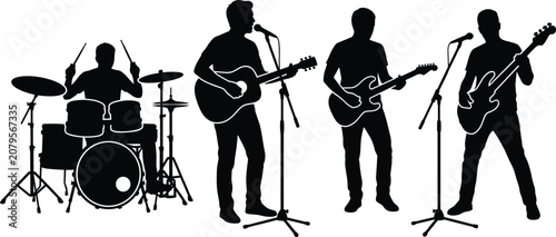 silhouette of rock music band performing on stage, live concert musicians playing drums guitar bass singer, illustration image