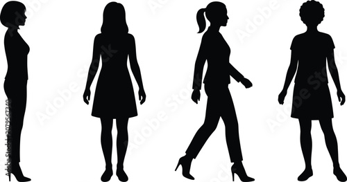 Woman body shapes silhouettes, female standing and walking poses, elegant lady fashion outlines, black girl figures graphic collection