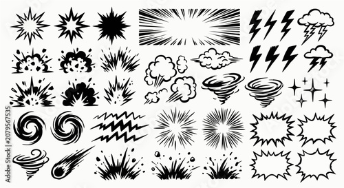 Comic Effect Elements Set with Explosion, Lightning, Smoke, Tornado and Speed Lines - Hand Drawn Black and White