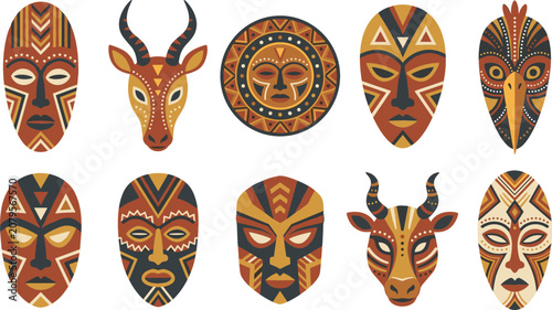 Fotografie African tribal masks vector set with traditional ethnic ritual symbols ceremonial native wooden face sculptures gazelle and bull animal design elements