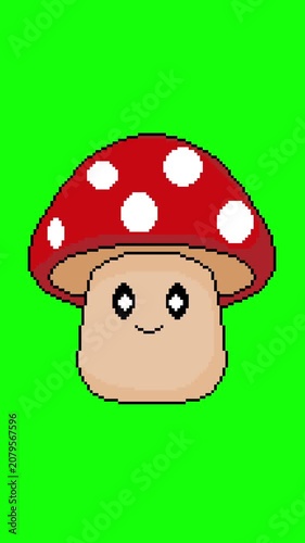 Vertical Pixel Art Cartoon Mushroom Animation Smiling Character on Neon Green Background. Retro 8-bit aesthetic loop, game projects, social media , children's animation, fantasy food