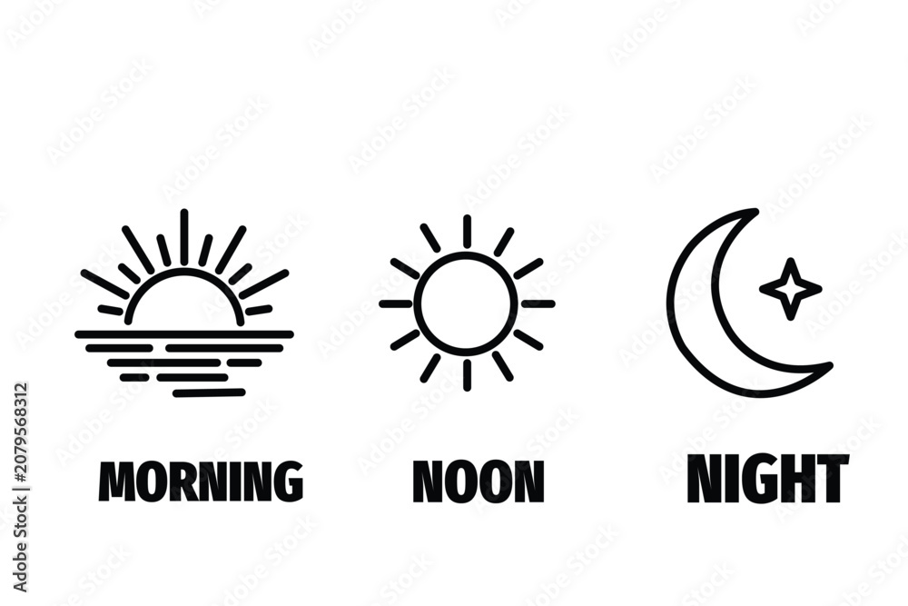 Naklejka premium Set of icons representing time of day morning with sunrise, noon with sun, and night with moon and star, simple black line art design vector illustration