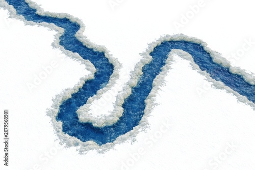 Trauma Represented as a Frozen River With Flowing Blue Water and Ice on a White Background Showing Stuck Energy and Healing Process