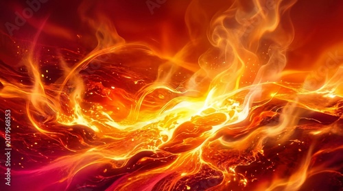 Abstract fiery background with glowing energy swirls and bright flames.