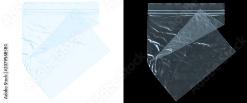 Foto Transparent plastic zipper bag texture, clear polyethylene pouch mockup on white