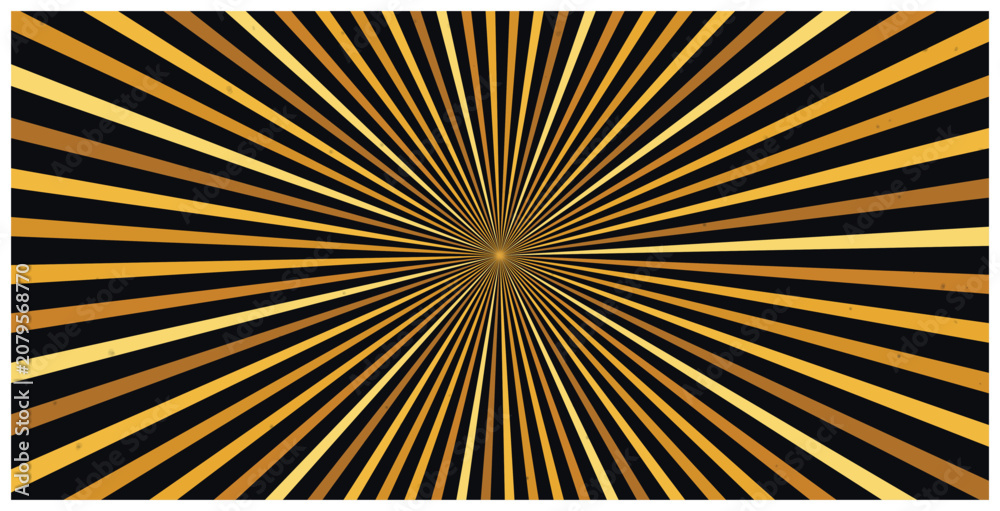 Fototapeta premium Golden rays on black background with abstract radial sunburst design.