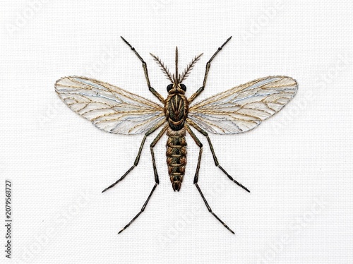 Detailed mosquito embroidery art isolated on white background
