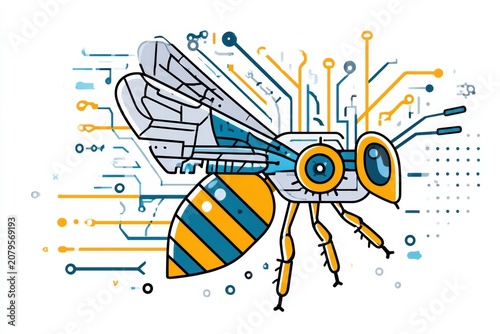 A detailed design shows a robotic bee integrating technology and complexity, highlighting the fragility of systems under perturbation.