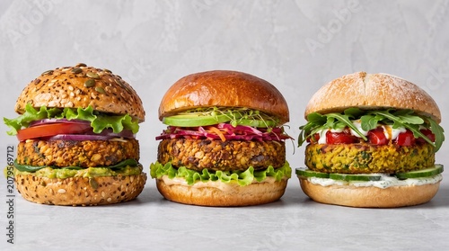A lineup of three gourmet plant-based veggie burgers featuring diverse fresh toppings, avocado, and artisanal buns against a neutral grey studio background.