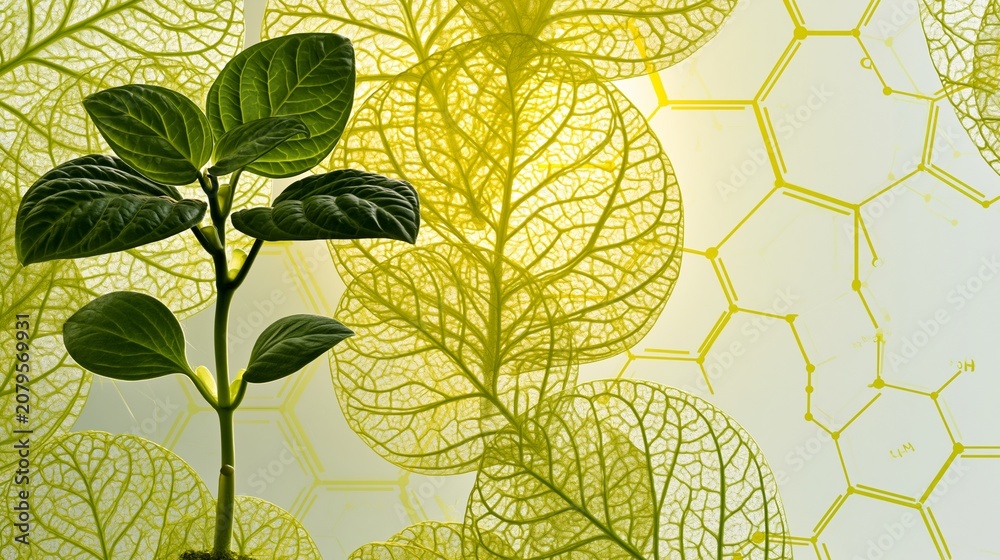 Fototapeta premium A healthy seedling beside molecular editing symbols and sunlit leaf cross-sections, clean lab background, energetic mood, warm backlight, layered composition.