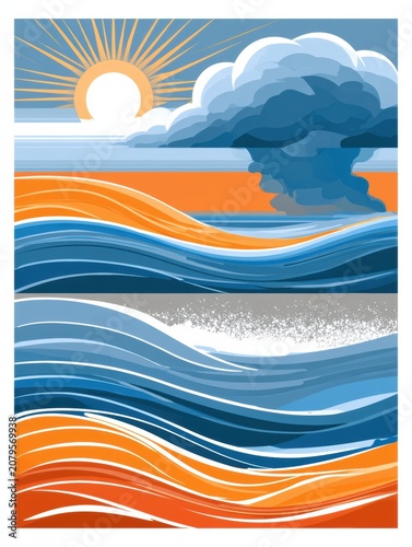Nervous System States Expressed Through Weather Metaphor Showing Sunny Clear Skies, Storm Clouds, and Waves in a Blue Orange Gray Palette