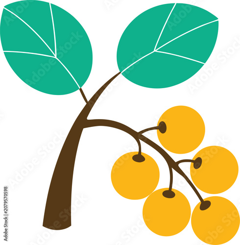 Stylized branch with golden berries and teal leaves isolated on transparent background