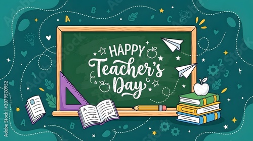 Happy teacher day illustration chalkboard with school supplies festive decorations