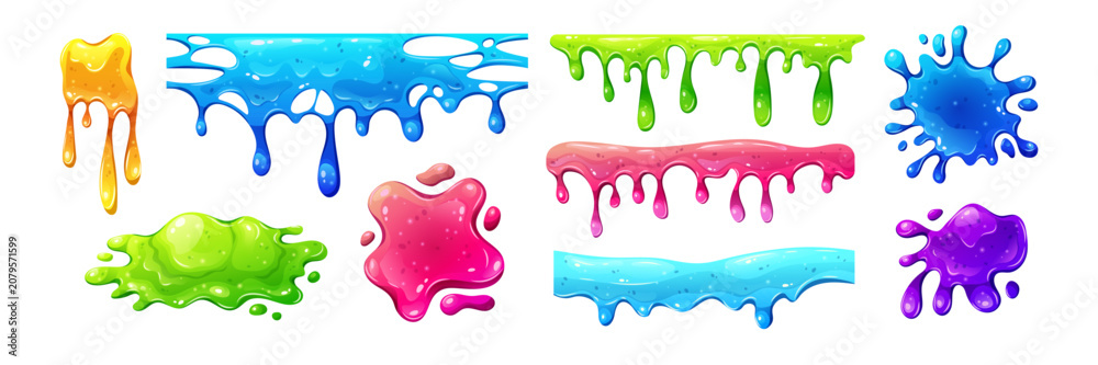 Fototapeta premium Sticky slime splash collection with jelly drips and splat effects. Vector liquid blots on white background with colorful sticky goo textures. Gum drops and 3D blob shapes for Halloween design.