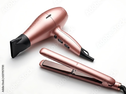 Modern rose gold hair dryer and flat iron hair straightener set. Beauty salon appliance concept suitable for hair care product styling advertisements.