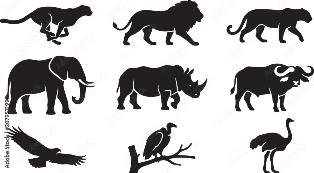 Obraz premium Set of wild african animal silhouettes including lion elephant rhino and cheetah