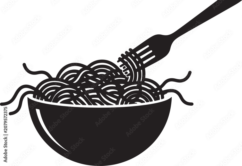 Fototapeta premium Black and white line of noodles in a bowl with a fork twirling them also transparent background
