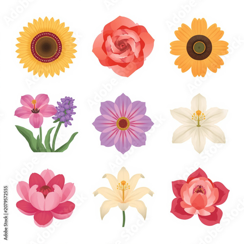 Beautiful Floral Vector Collection: Assorted Flower Icons Isolated on White Background