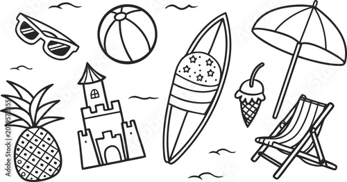 Summer Beach Doodle Collection - Hand Drawn Sunglasses, Surfboard, Sandcastle and Ice Cream Icons Vector