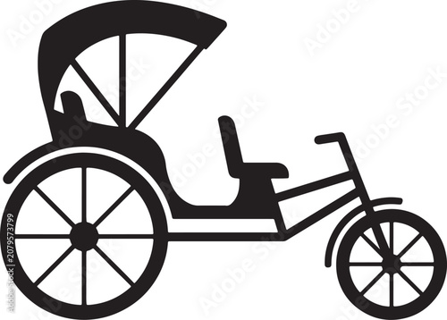 Obraz na plátně Black and white silhouette of a two-wheeled rickshaw with canopy, minimalist lin
