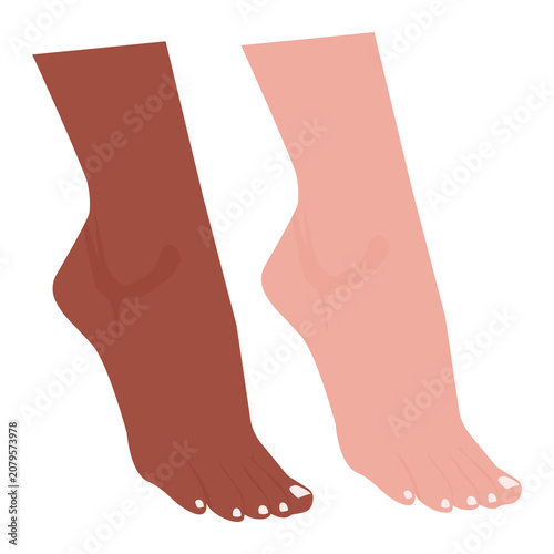 Two Female Feet with Different Skin Tones Flat Illustration