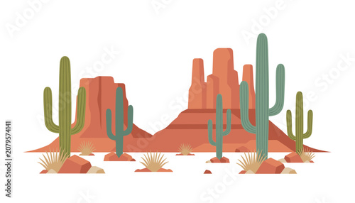 Scenic view of a desert landscape featuring majestic red rock mesas and tall saguaro cacti under the bright sun in a dry arid environment.