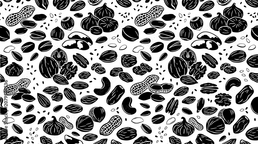 Fototapeta premium : Black Nuts Seeds and Dried Fruits Seamless Pattern Vector for Organic Food Packaging
