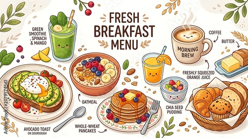 Hand drawn illustration of a fresh breakfast menu featuring avocado toast oatmeal pancakes coffee and juice drinks