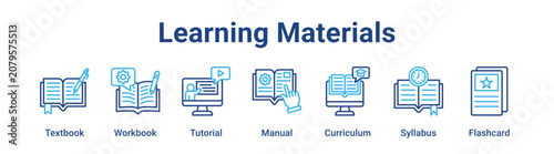 Foto Learning Materials web banner icon vector illustration concept for education with icon of Textbook, Workbook, Tutorial, Manual, Curriculum